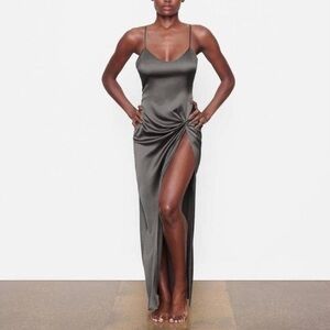 NWT Skims High Slit Stretch Silk Sleep Dress in Gunmetal Size 4X